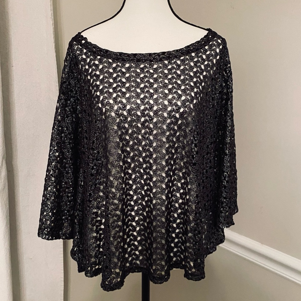 Whimsigoth Woman 18/20 Black Silver Thread Crochet Top with Butterfly Sleeves